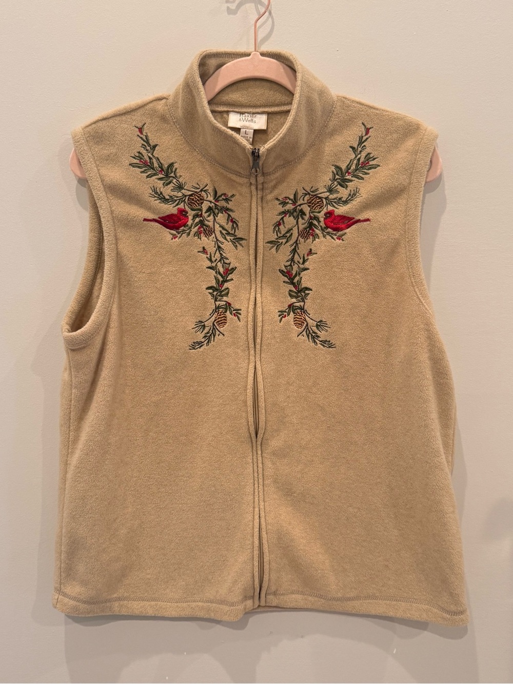 Baxter & Wells Cottagecore Embroidered Cardinal Fleece Vest Size L